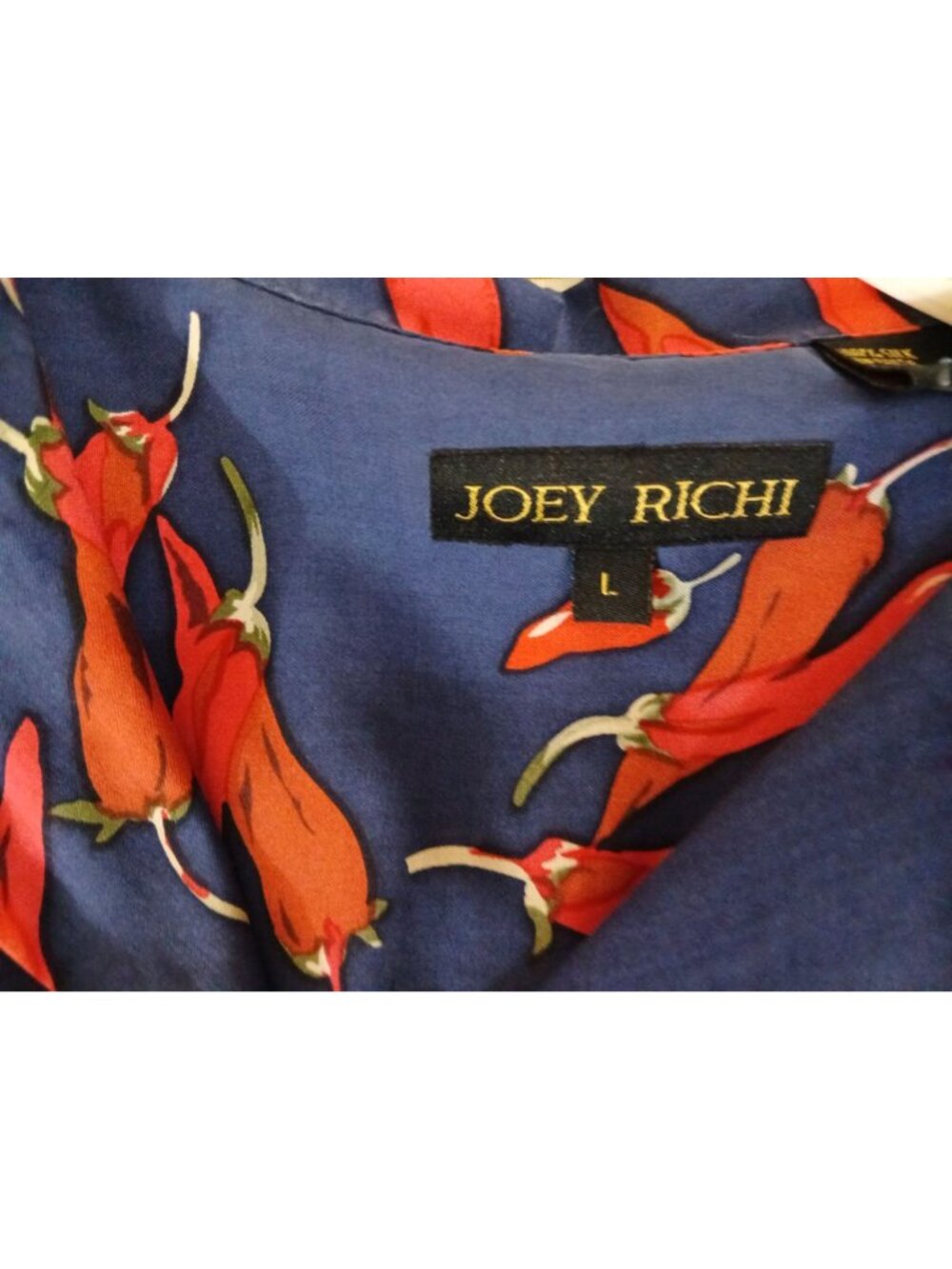 Vintage Joey Richi Mens Silk Chili Pepper Print Button Up Shirt Size L Blue Red - Picture 11 of 14